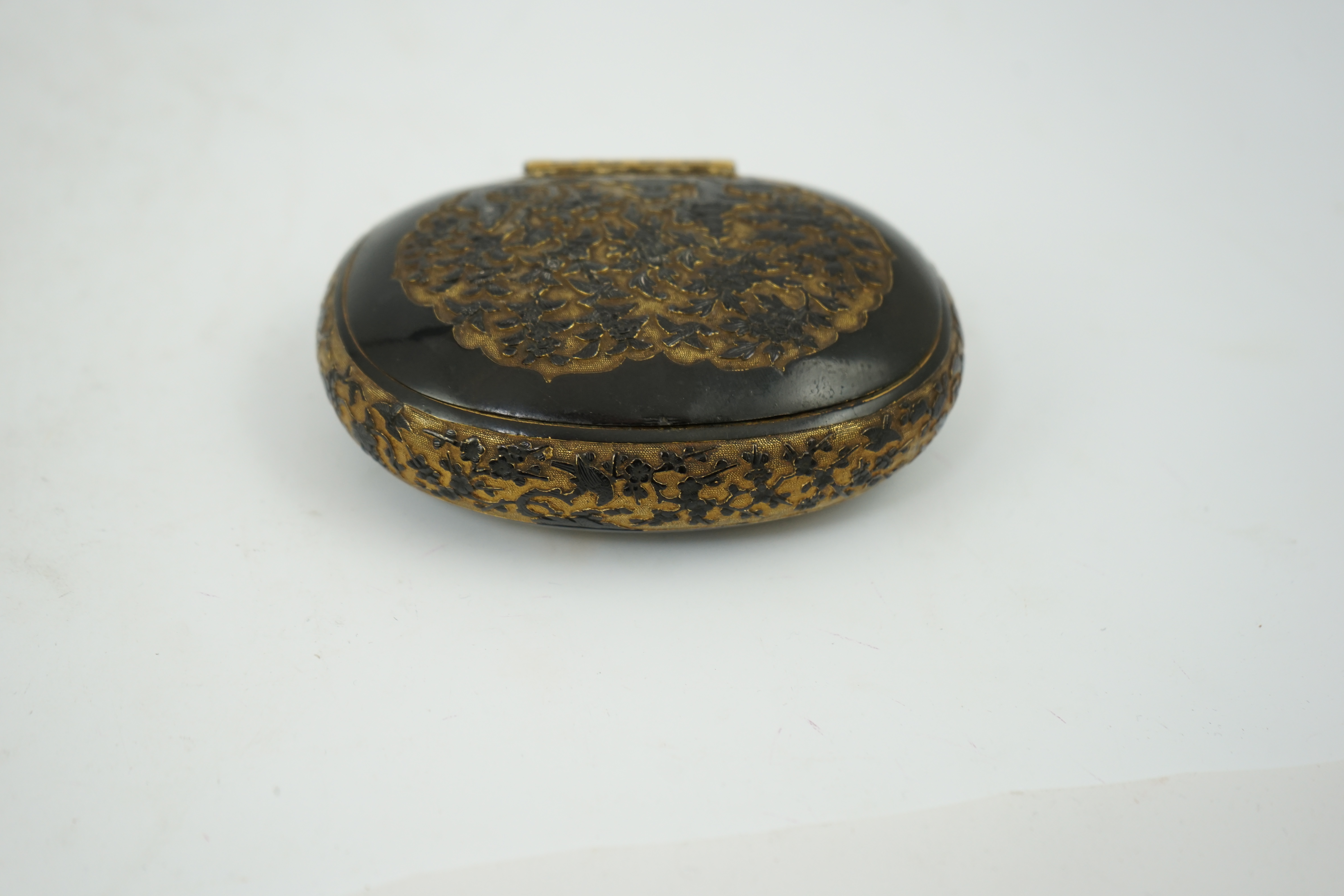 A Japanese export gilt bronze Sawasa oval tobacco box, 18th century